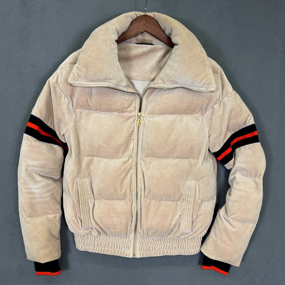 P.E Nation Cover Back Puffer Jacket Women S Stone Velvet Striped Funnel Neck